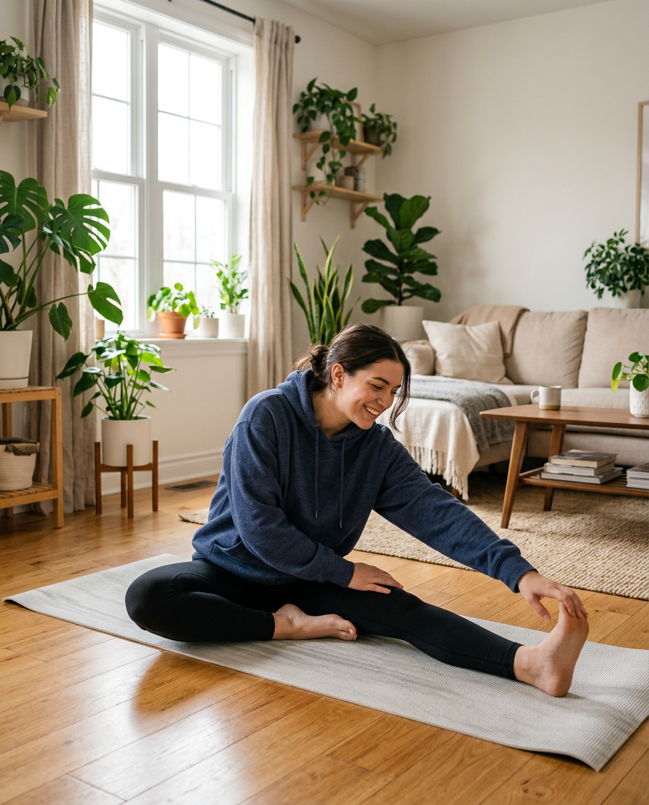 Woman in an oversized hoodie and leggings stretching in a bright living room