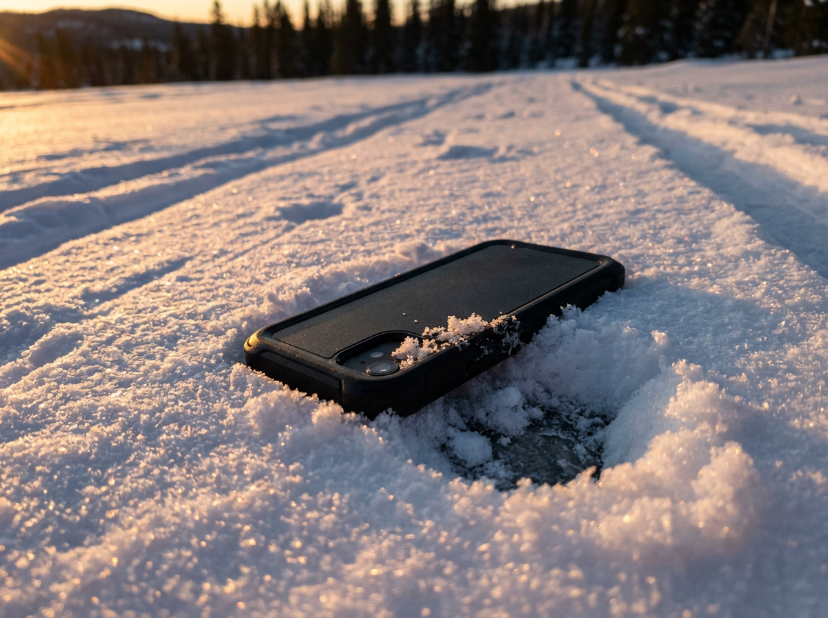 A dropped smartphone sinking into snow in low evening light
