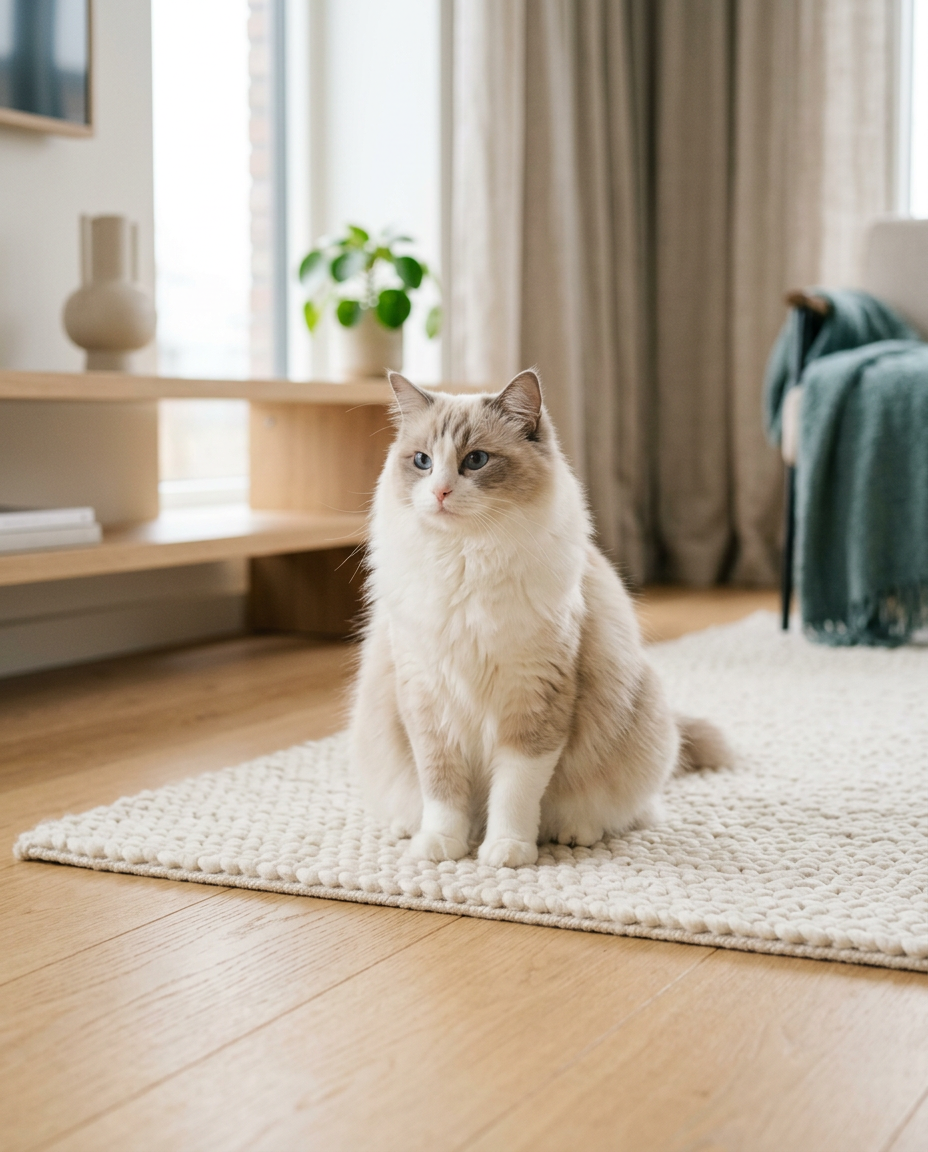 Ragdoll cat sitting calmly on a rug at home
