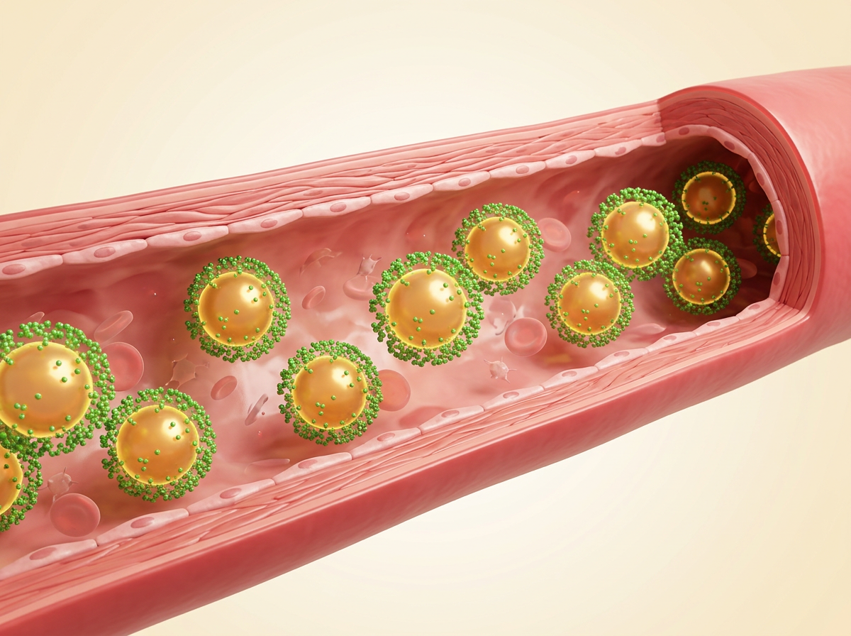 Medical illustration of intact golden lipid particles inside a healthy artery, each surrounded by a shield of green polyphenol molecules