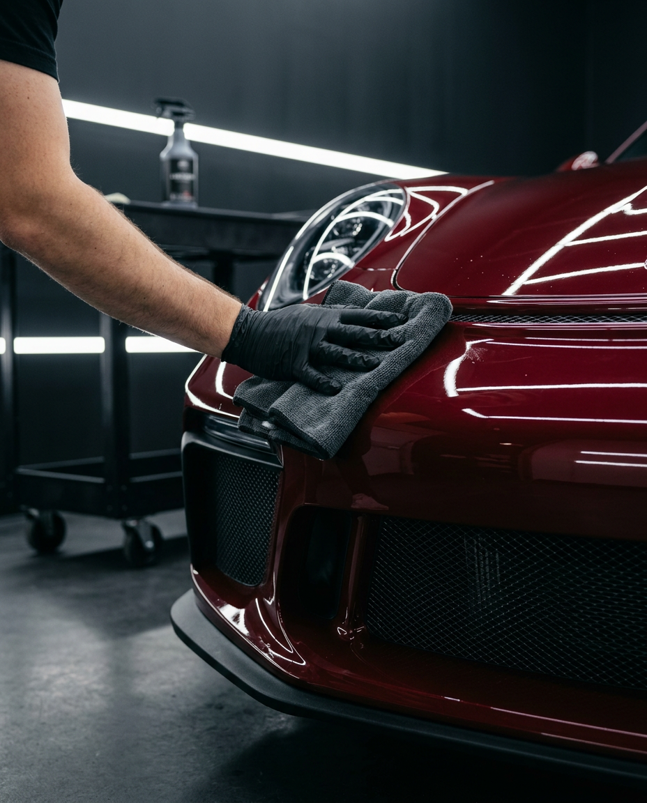 Vorbereitung des Stoßfängers eines roten Porsche 911 GT3 mit Mikrofasertuch