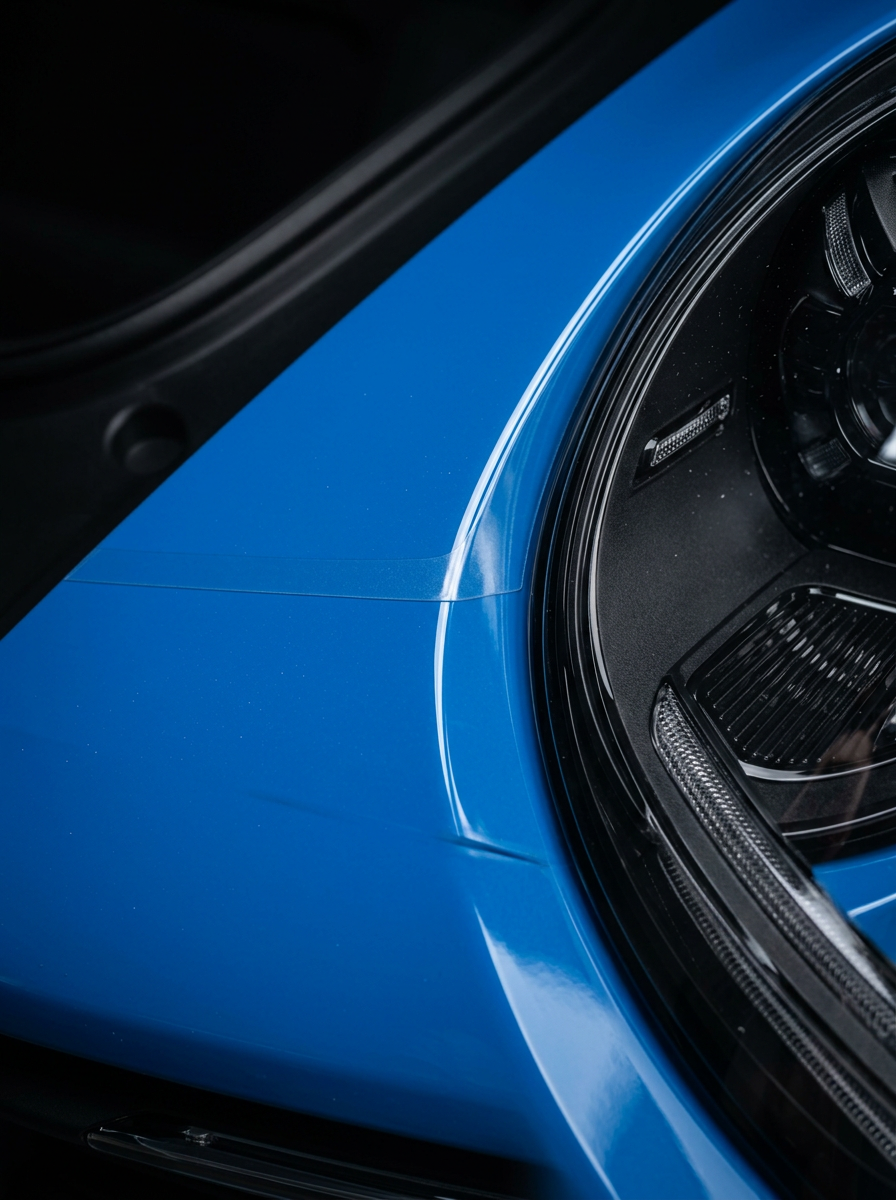 Kaum sichtbare Folienkante auf dem blauen Stoßfänger eines Porsche 911 neben dem LED-Scheinwerfer