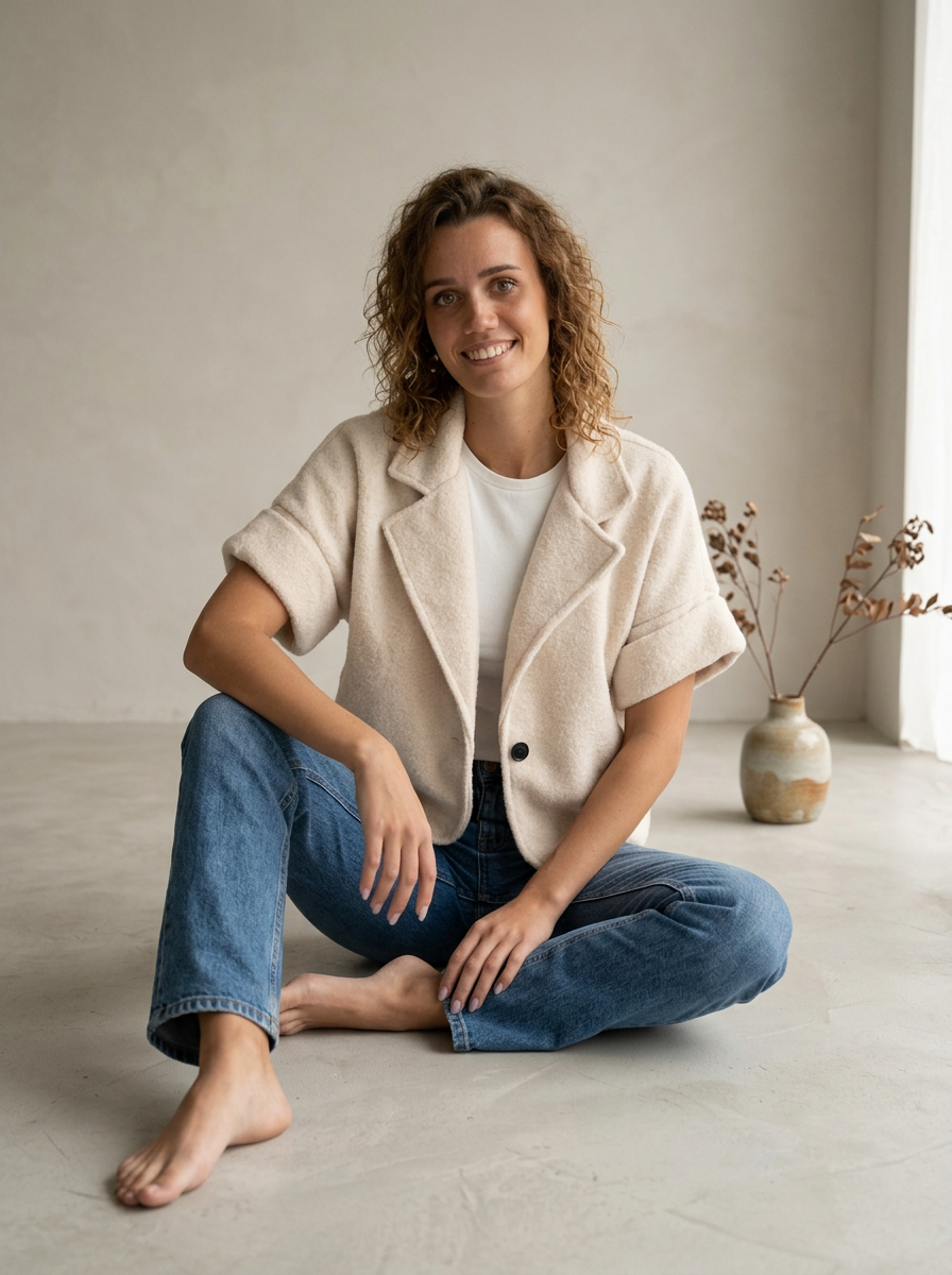 Smiling model in a cream cropped blazer and jeans