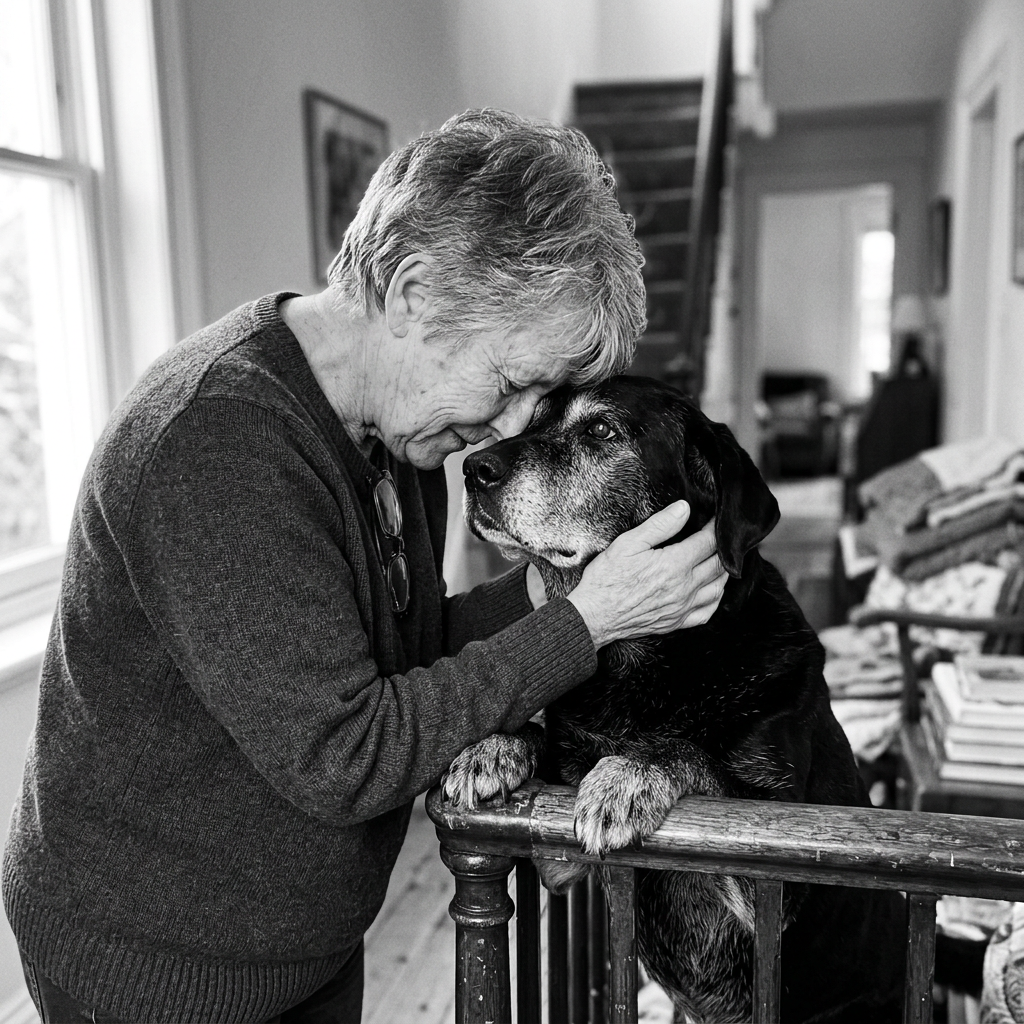 Senior woman resting her forehead against her old black Labrador