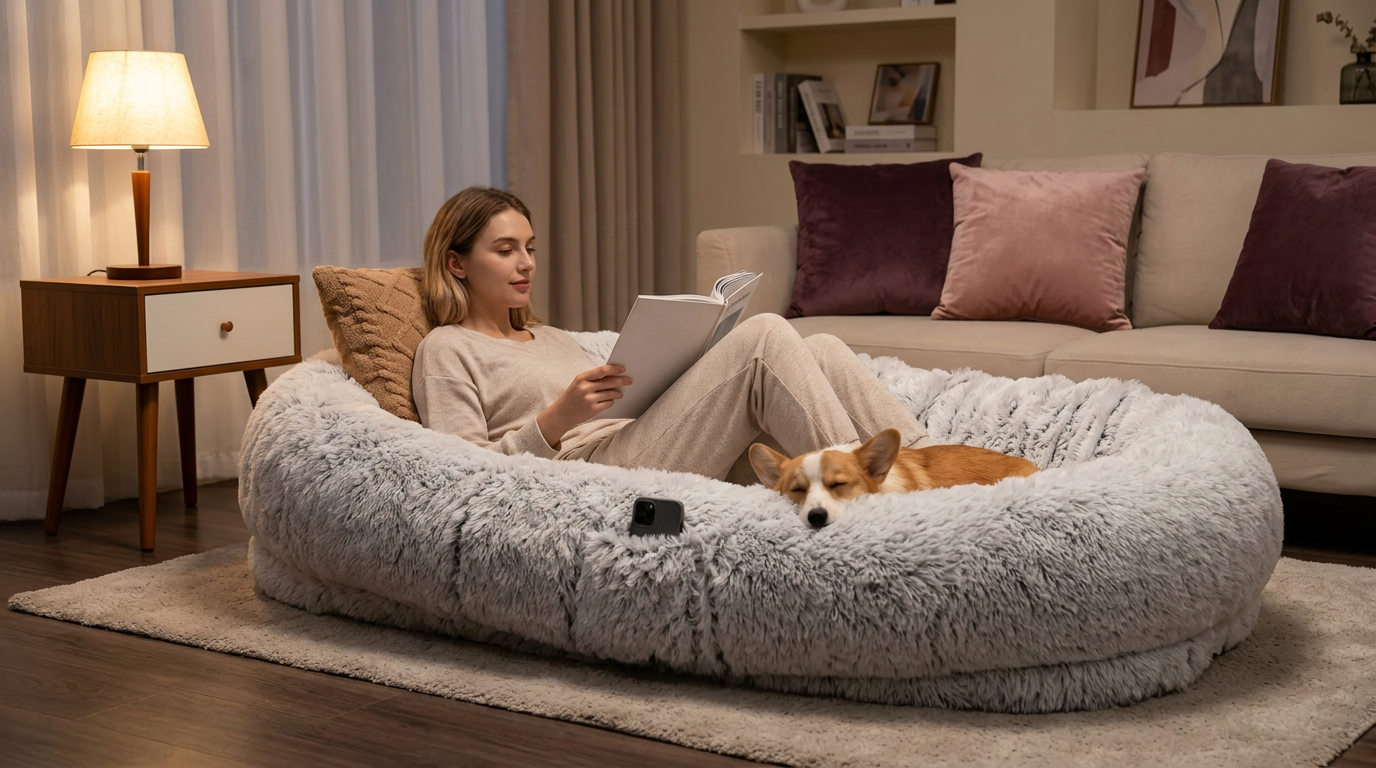 Woman reading on a faux fur dog bed with a corgi resting beside her