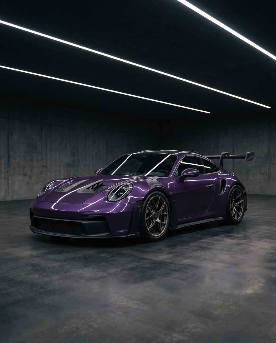 Violetter Porsche 911 GT3 RS in einem ruhigen, dunklen Studio nach der Folierung