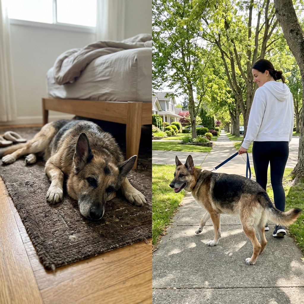 Senior German Shepherd resting indoors, then walking happily on a leash outside