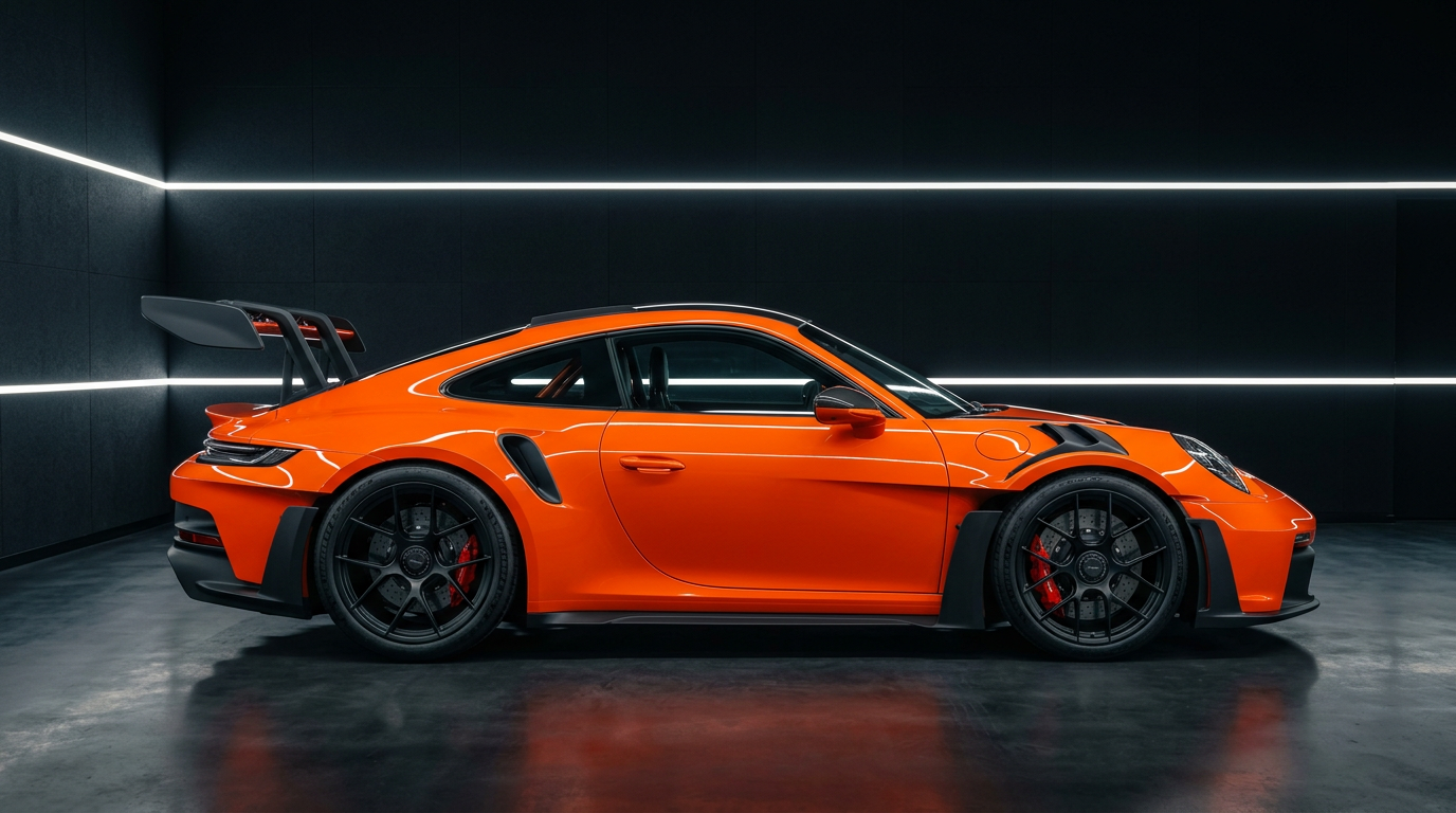 Orangefarbener Porsche 911 GT3 RS in Seitenansicht im dunklen Studio