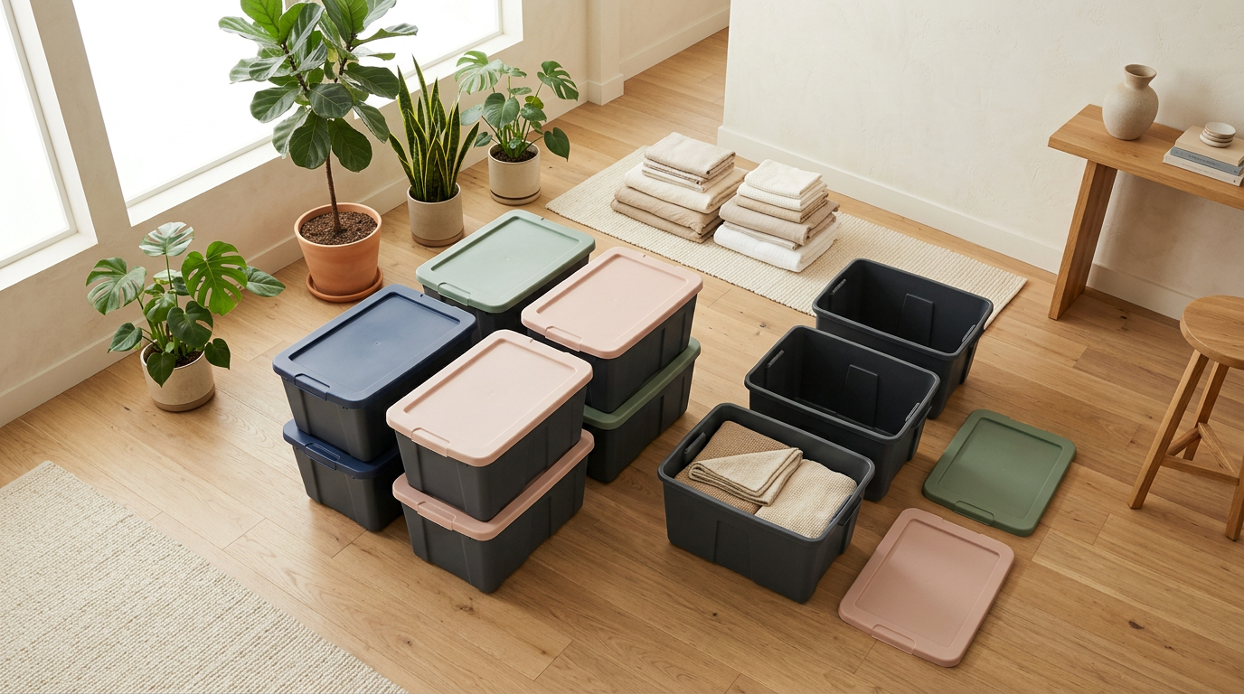Moving bins with soft pink, sage and navy lids arranged neatly on a light oak floor in a bright room