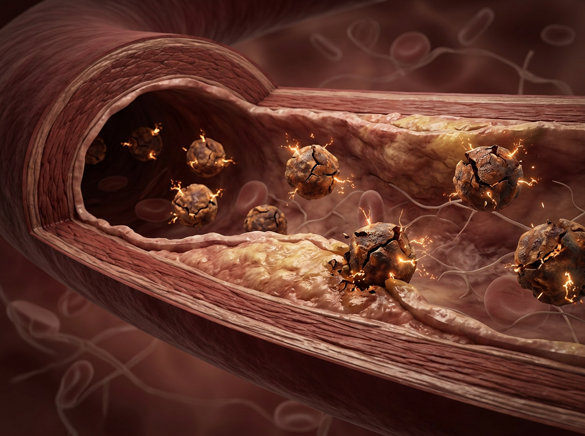 Medical illustration of cracked, darkened oxidized lipid particles under free-radical attack inside an inflamed artery