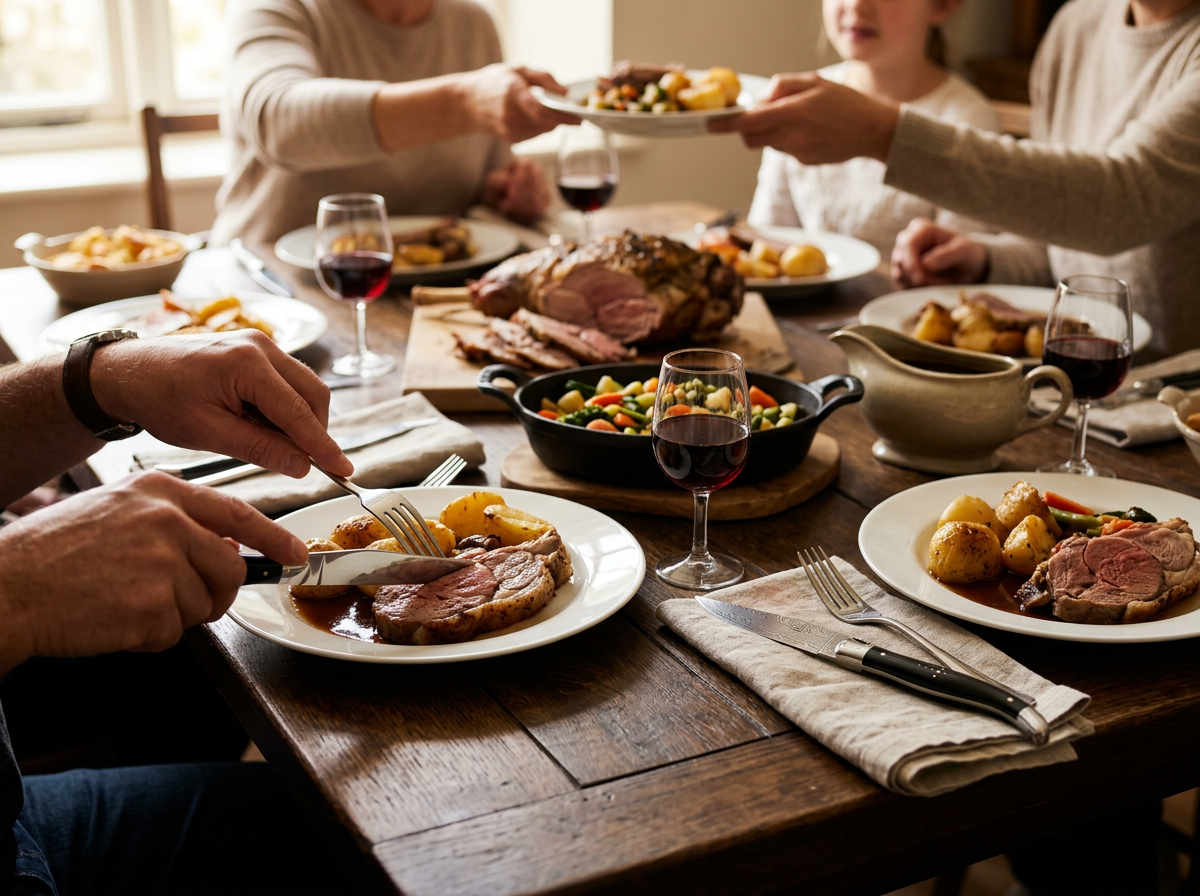 A diner cutting roast lamb with a dark horn Tradition Range table knife at a family Sunday roast, a dark horn Collection Range Damascus table knife laid beside a fork on a linen napkin at the next place
