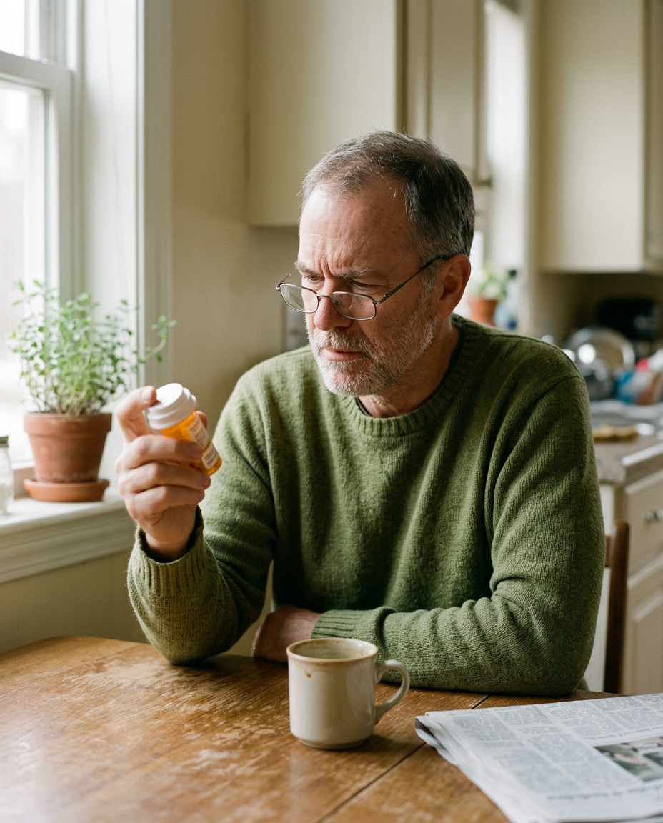 A man in his early sixties at his kitchen table, looking sceptically at a prescription pill bottle