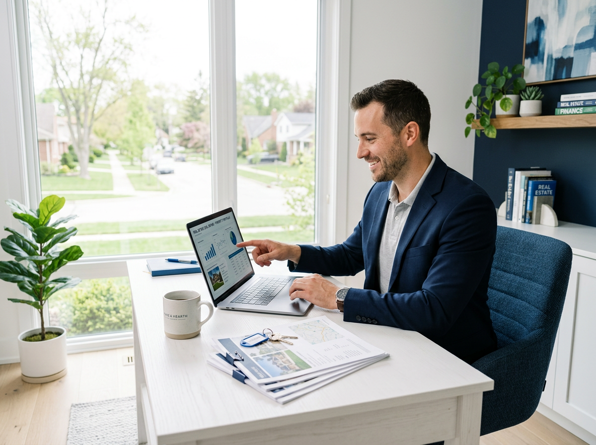 Entrepreneur reviewing a real estate deal on a laptop in a bright home office