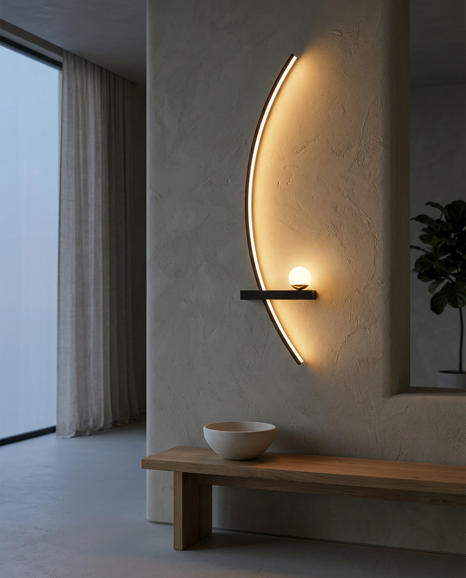 Curved black LED wall lamp casting a warm arc of light on a plaster wall