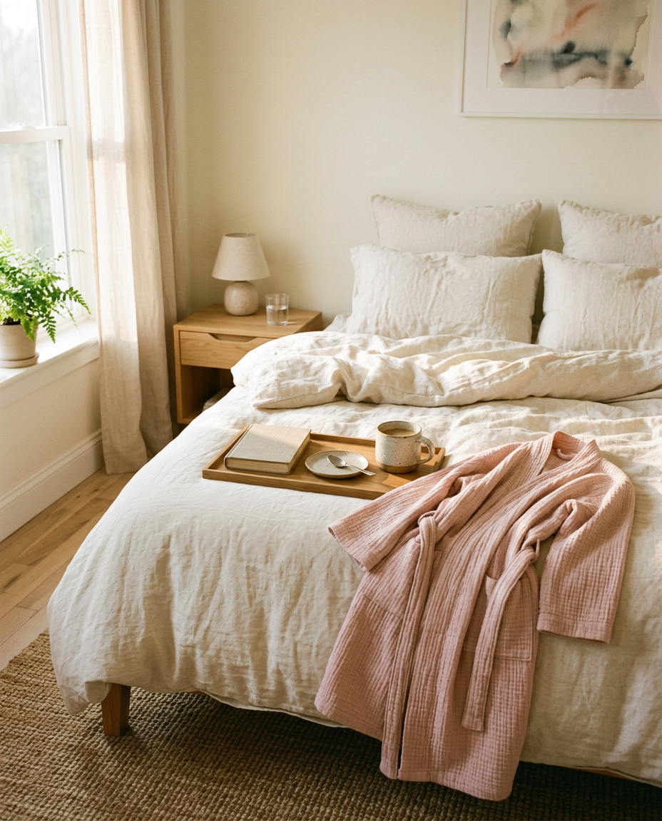 Pale pink robe draped over a sunlit linen bed