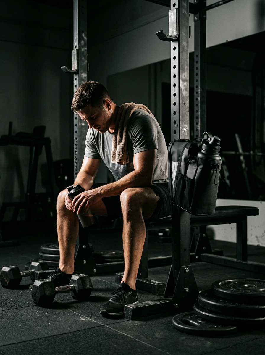 Man sitting on a power rack with the magnetic gym bag attached beside him