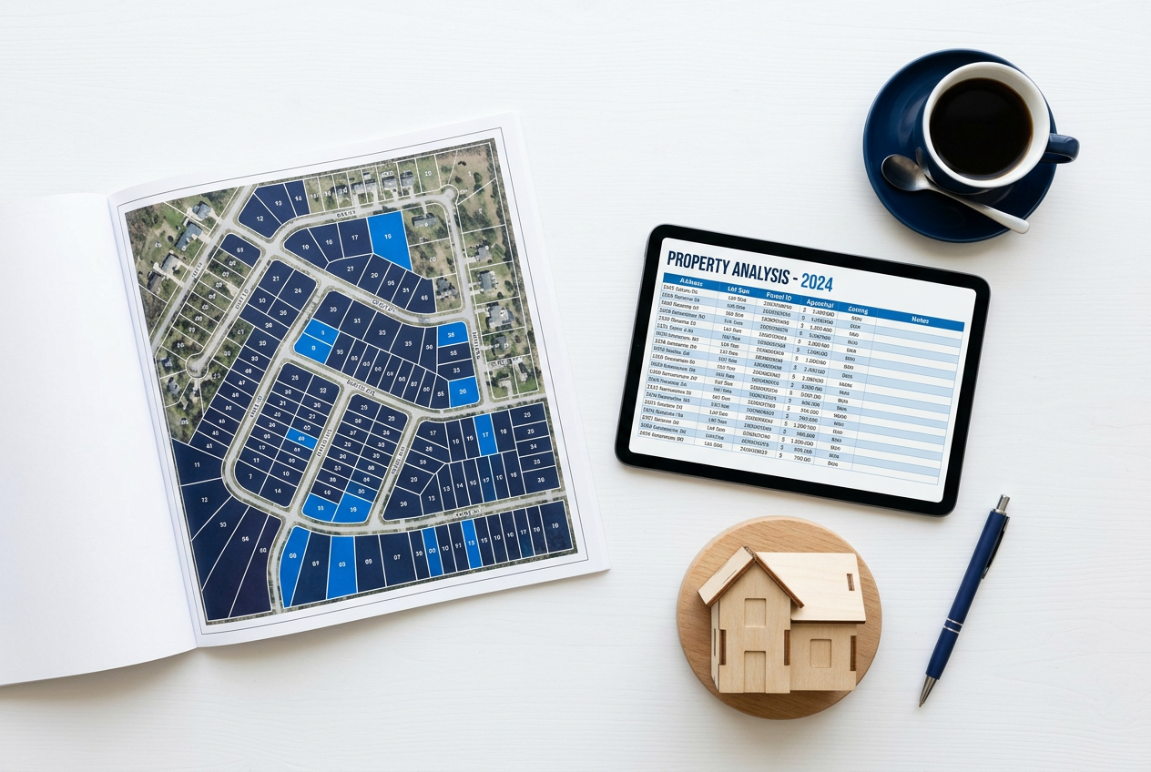 Desk with a land parcel map, property analysis on a tablet and a small house model