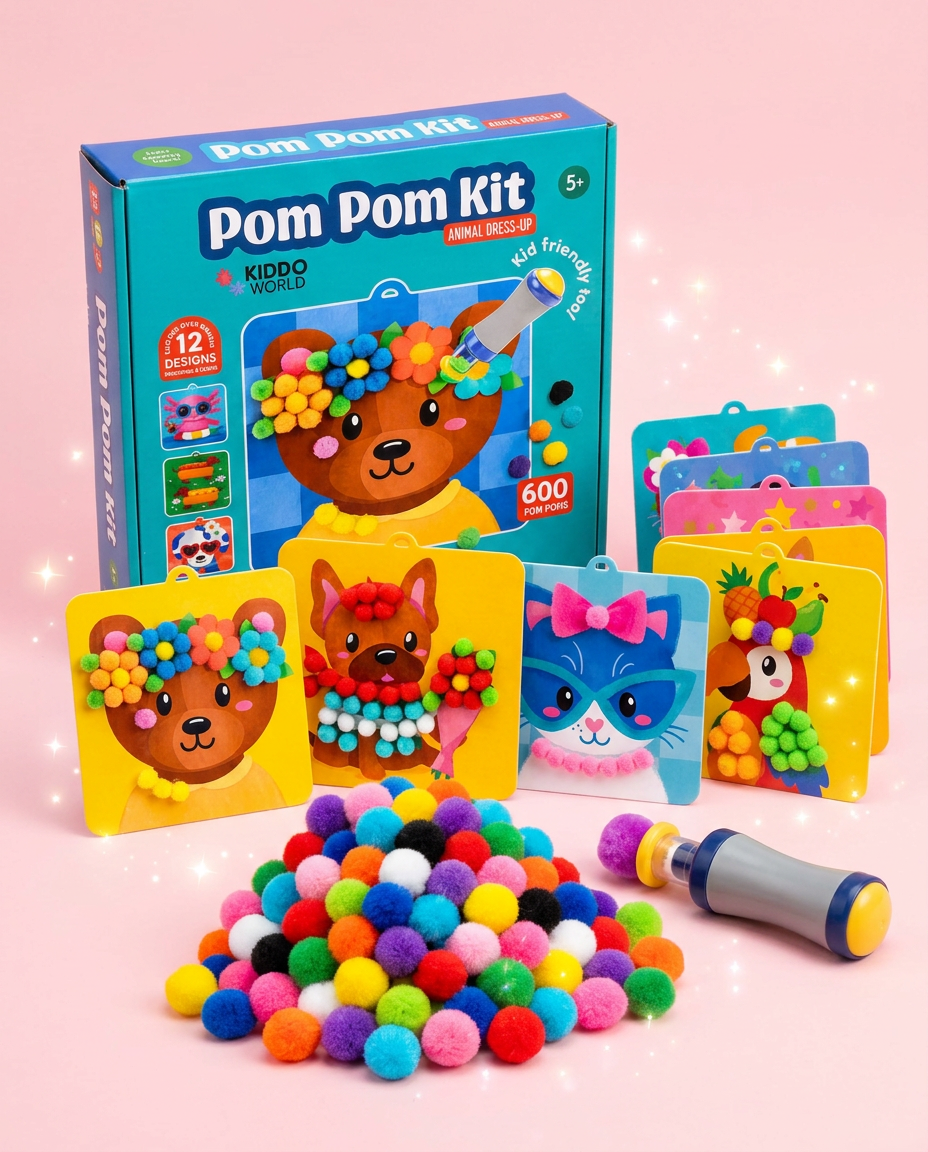 Pom Pom Kit: krabička, karty so zvieratkami ozdobené bambuľkami, kôpka farebných bambuliek a nástroj Pom Pom Master