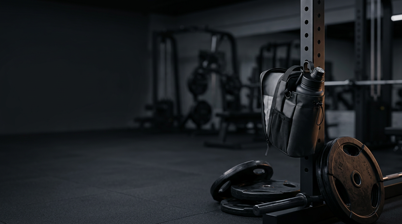 Black magnetic gym bag with a water bottle snapped onto a steel power rack in a dark gym