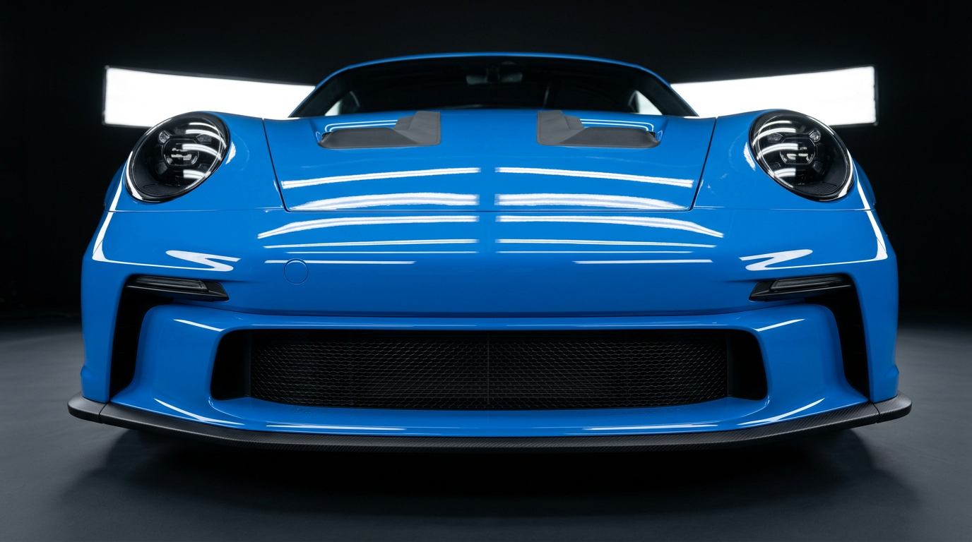 Front eines blauen Porsche 911 GT3 RS mit makelloser, neu folierter Frontstoßstange