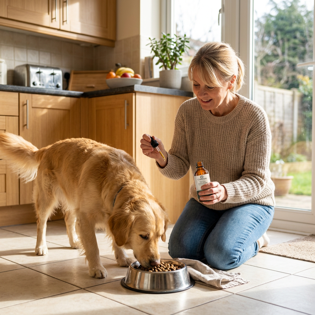 Woman adding Canbloom liquid collagen drops to her golden retriever's food bowl