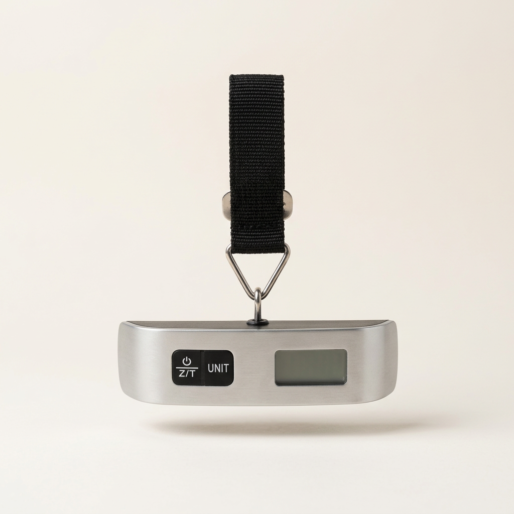 Silver digital luggage scale hanging from its strap, front view