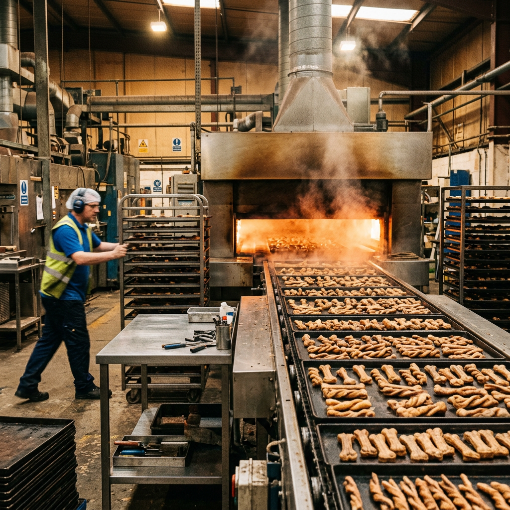 Industrial oven baking dog chews at high heat