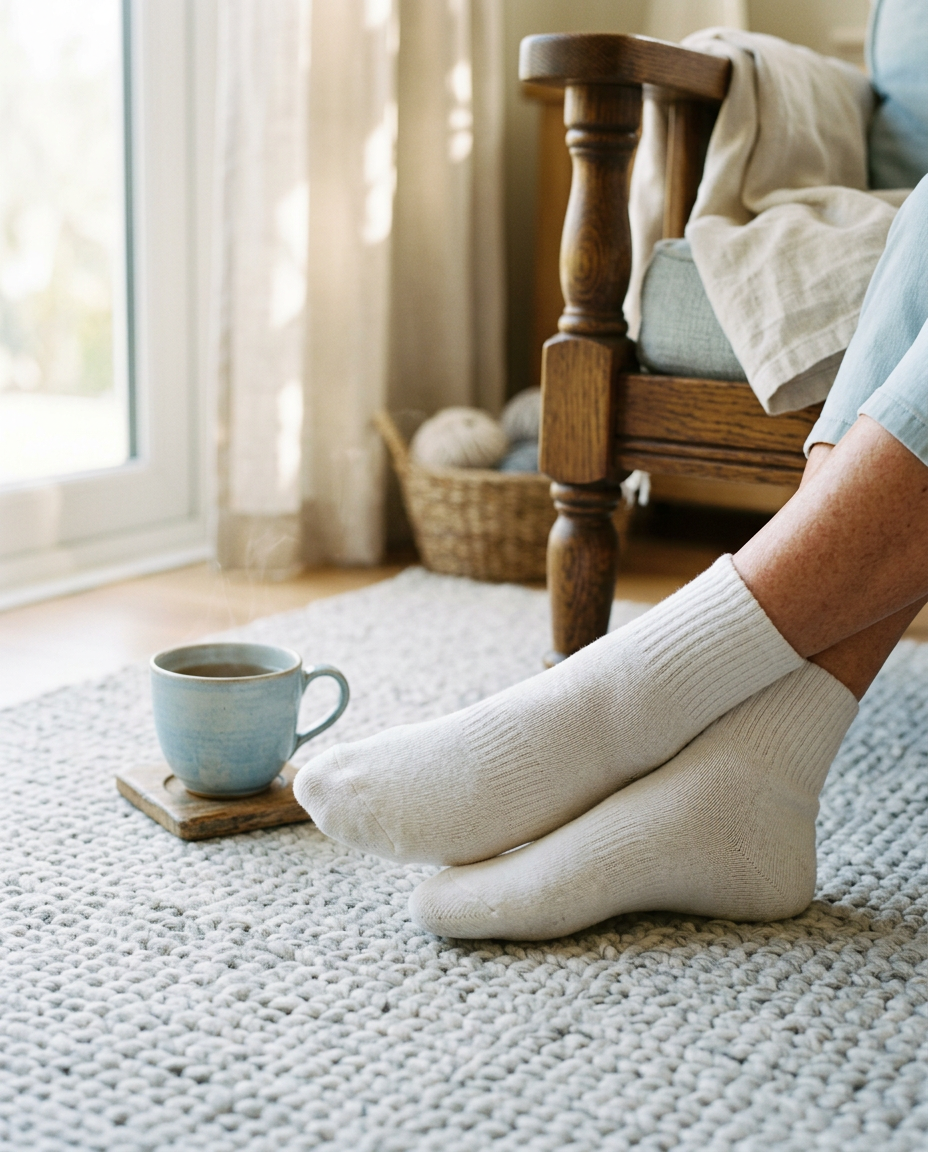 Feet relaxing on a cozy rug in soft white cushioned crew socks