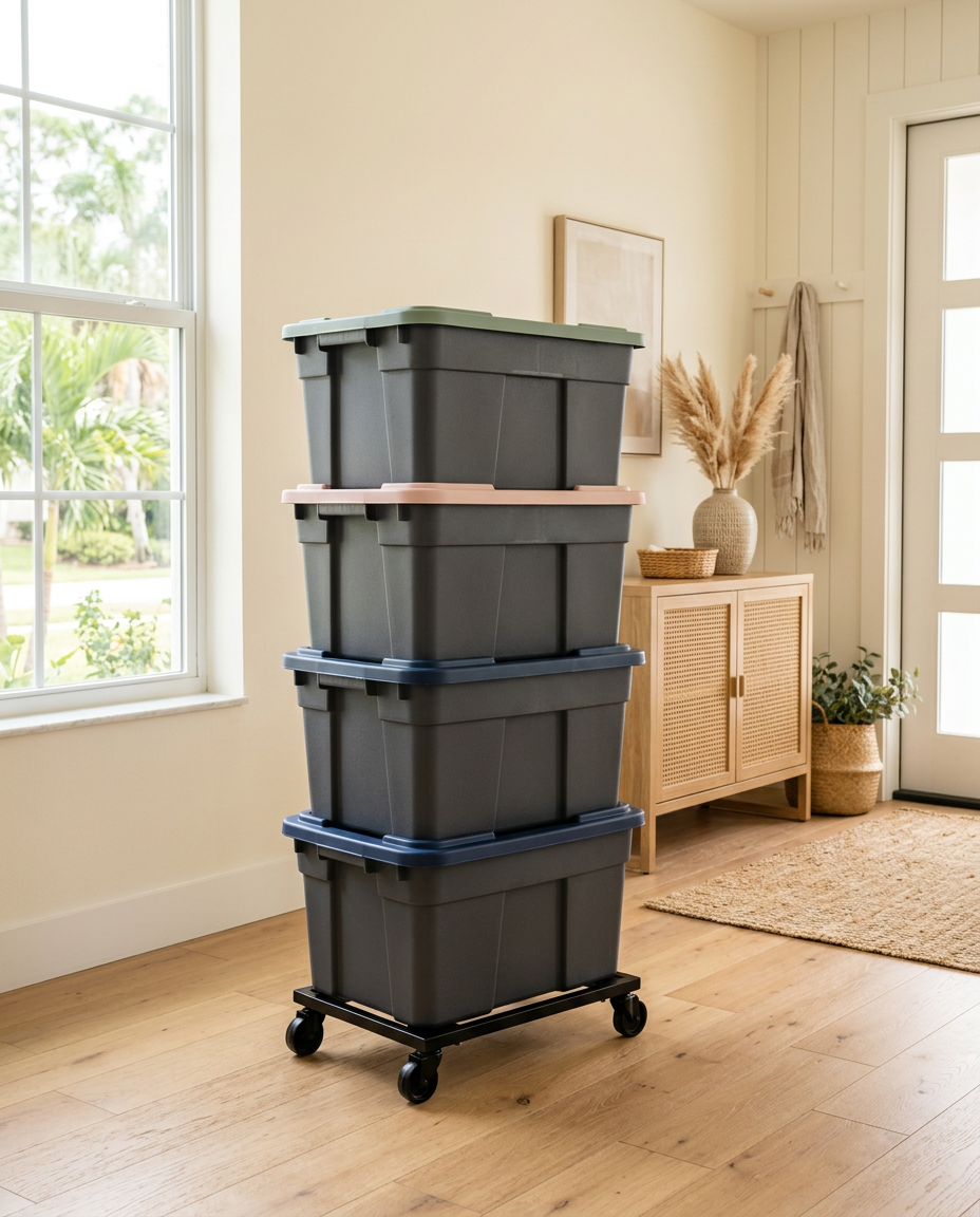 A stack of charcoal moving bins with soft pink, sage and navy lids on a rolling dolly in a bright, sunlit entryway