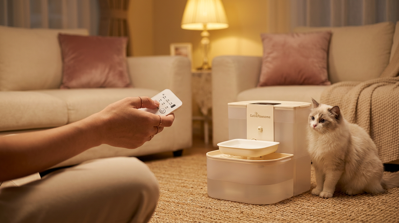 Hand using a remote to set the smart water fountain while a cat sits beside it