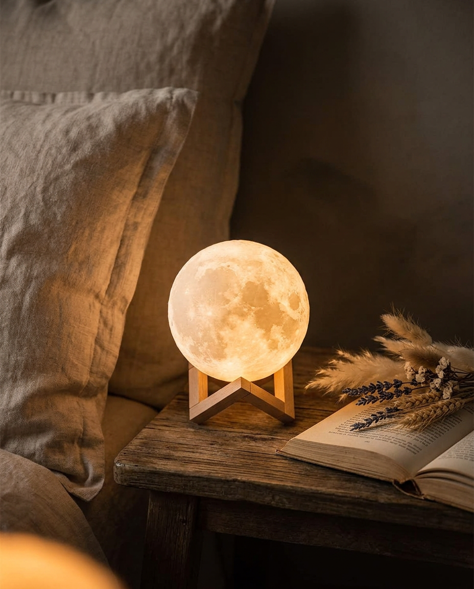 Small glowing moon lamp on a wooden stand beside a linen pillow