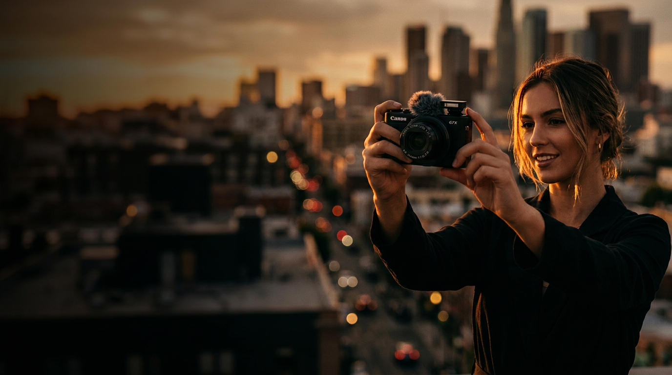 Creator vlogging with a Canon G7 X compact camera on a city rooftop at golden hour