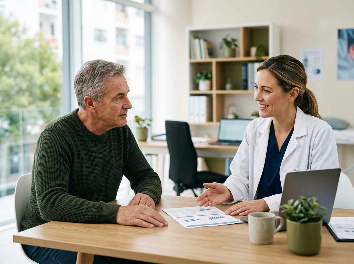 A man in his late fifties discussing his blood test results with his doctor