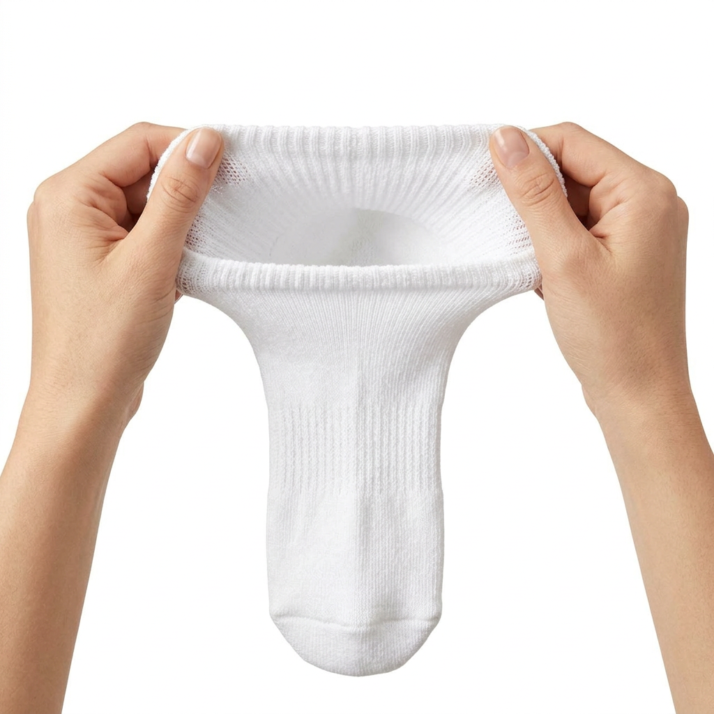 Hands stretching the wide, non-binding cuff of a white diabetic crew sock