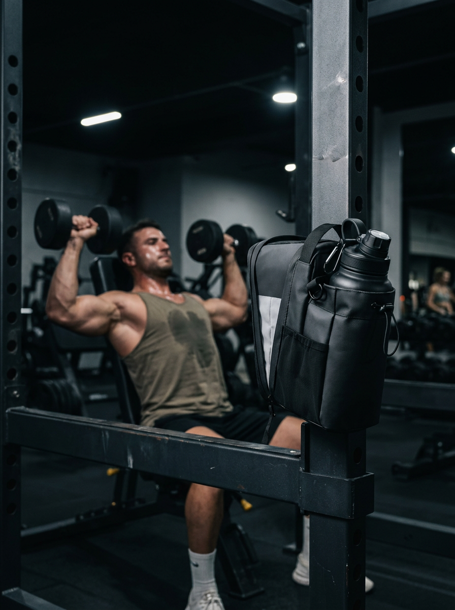 Man pressing dumbbells with the magnetic gym bag on the rack beside him