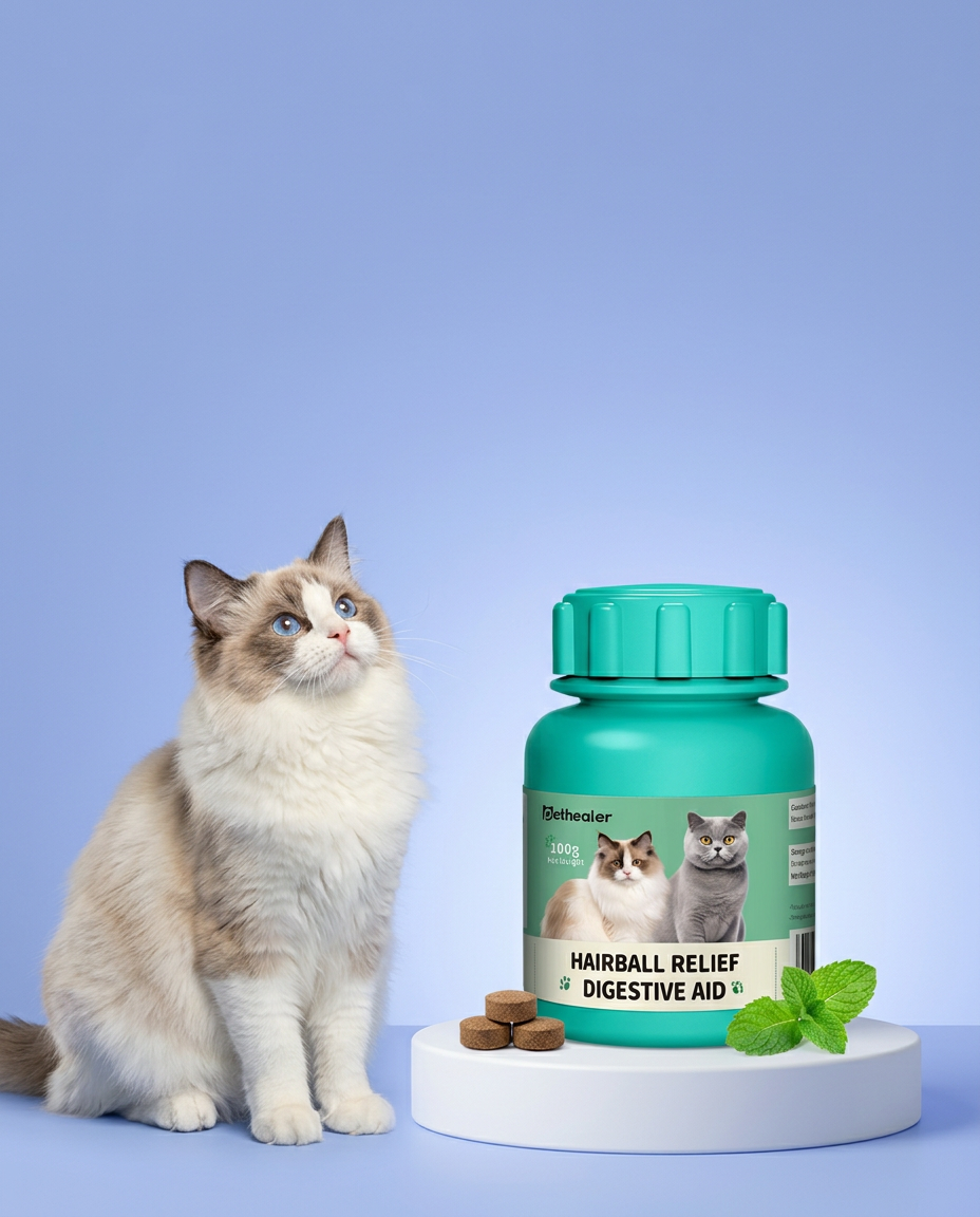 Hairball Relief Made Easy — Pethealer Hairball Relief Digestive Aid with a ragdoll cat