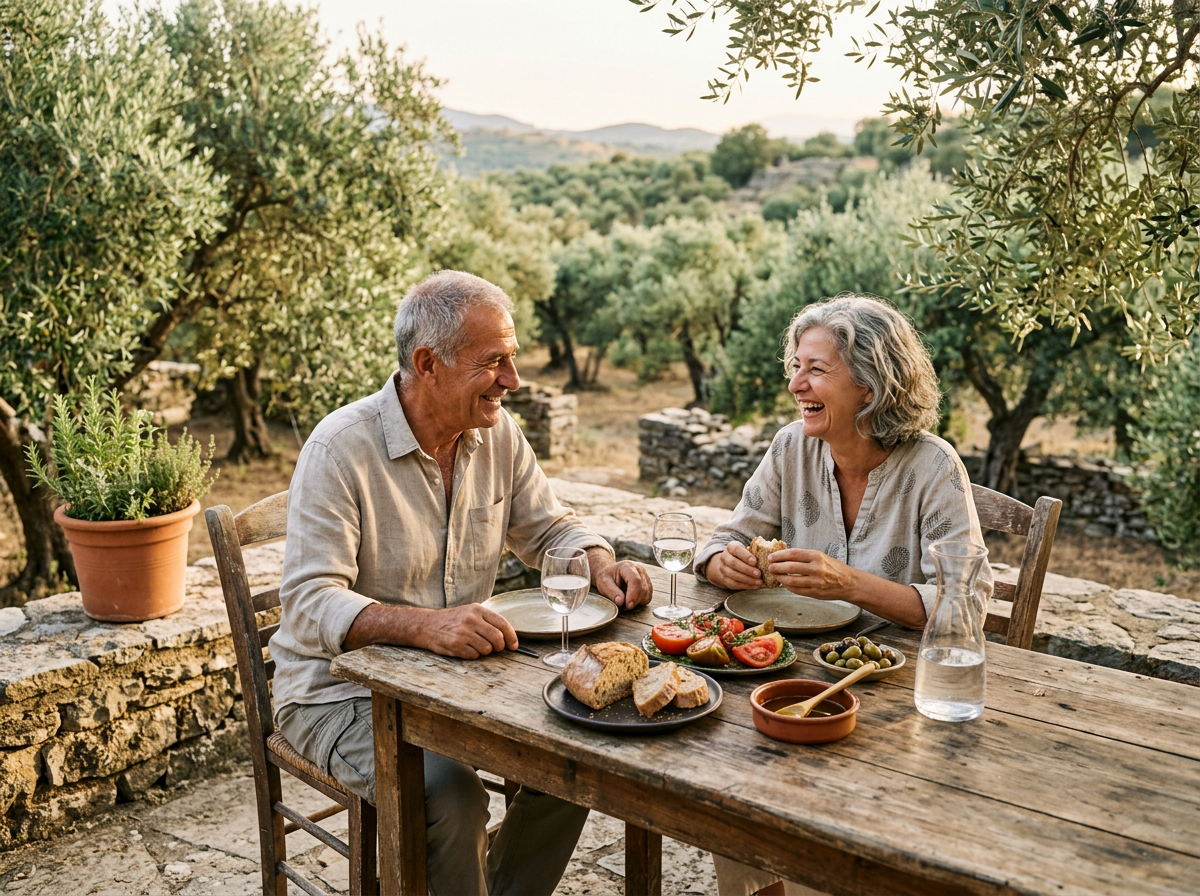 An older Mediterranean couple sharing lunch with olive oil, bread and olives on a sunlit terrace among olive trees