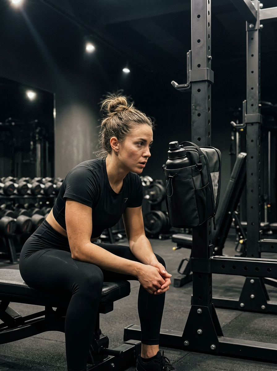 Woman resting on a bench next to the magnetic gym bag on the rack