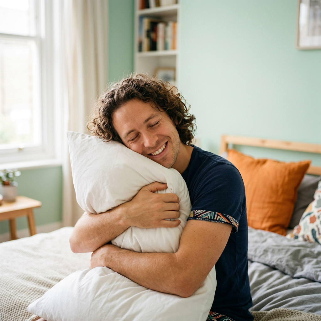 Homme souriant serrant un oreiller dans ses bras