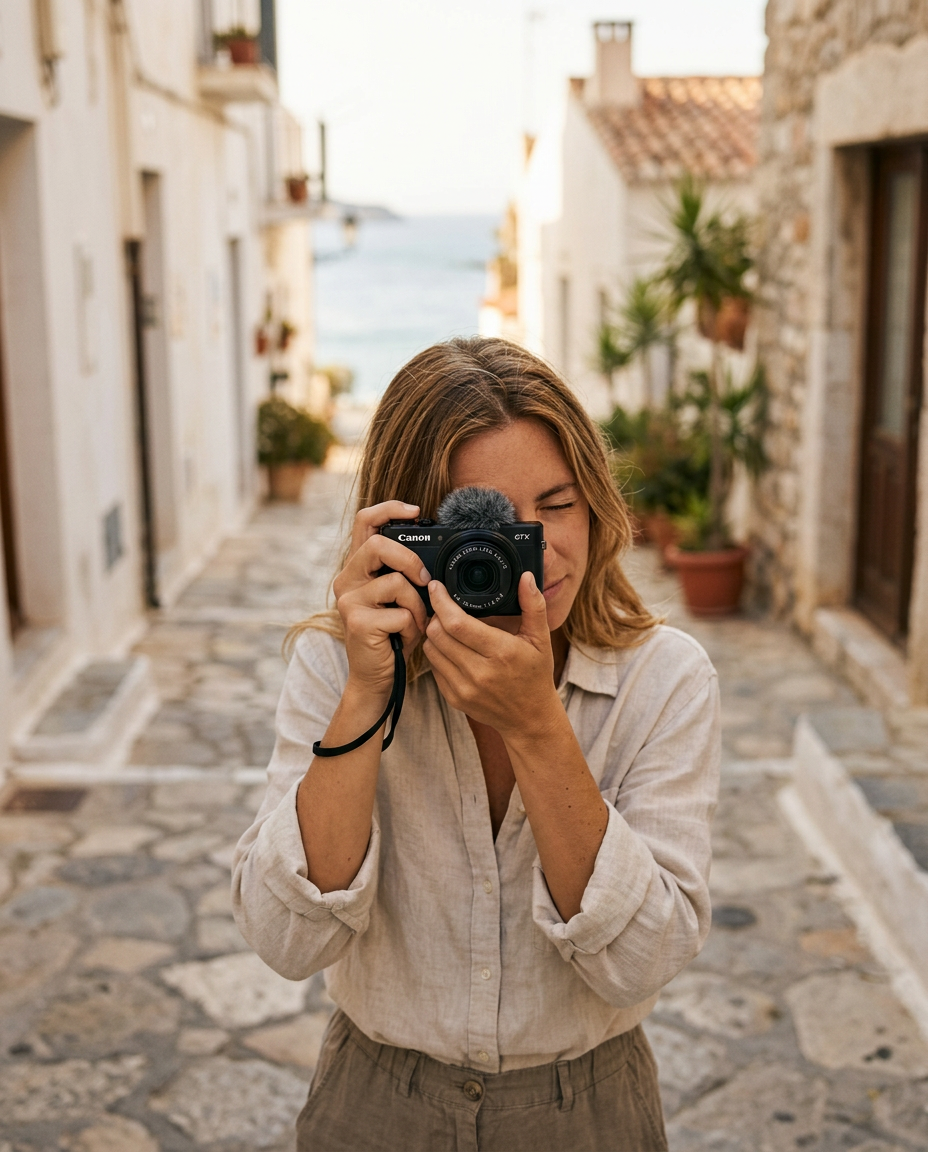 Traveler photographing a sunlit coastal street with a Canon compact camera