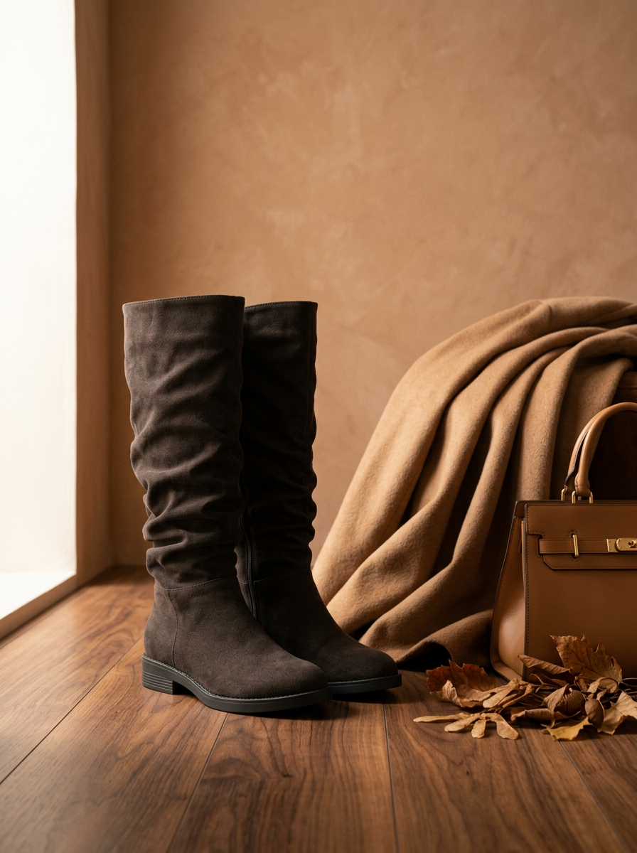 Brown high block-heel boots styled with a camel coat