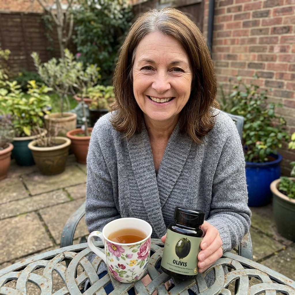 Linda, 58, on her garden patio holding a bottle of Olivis and a cup of tea