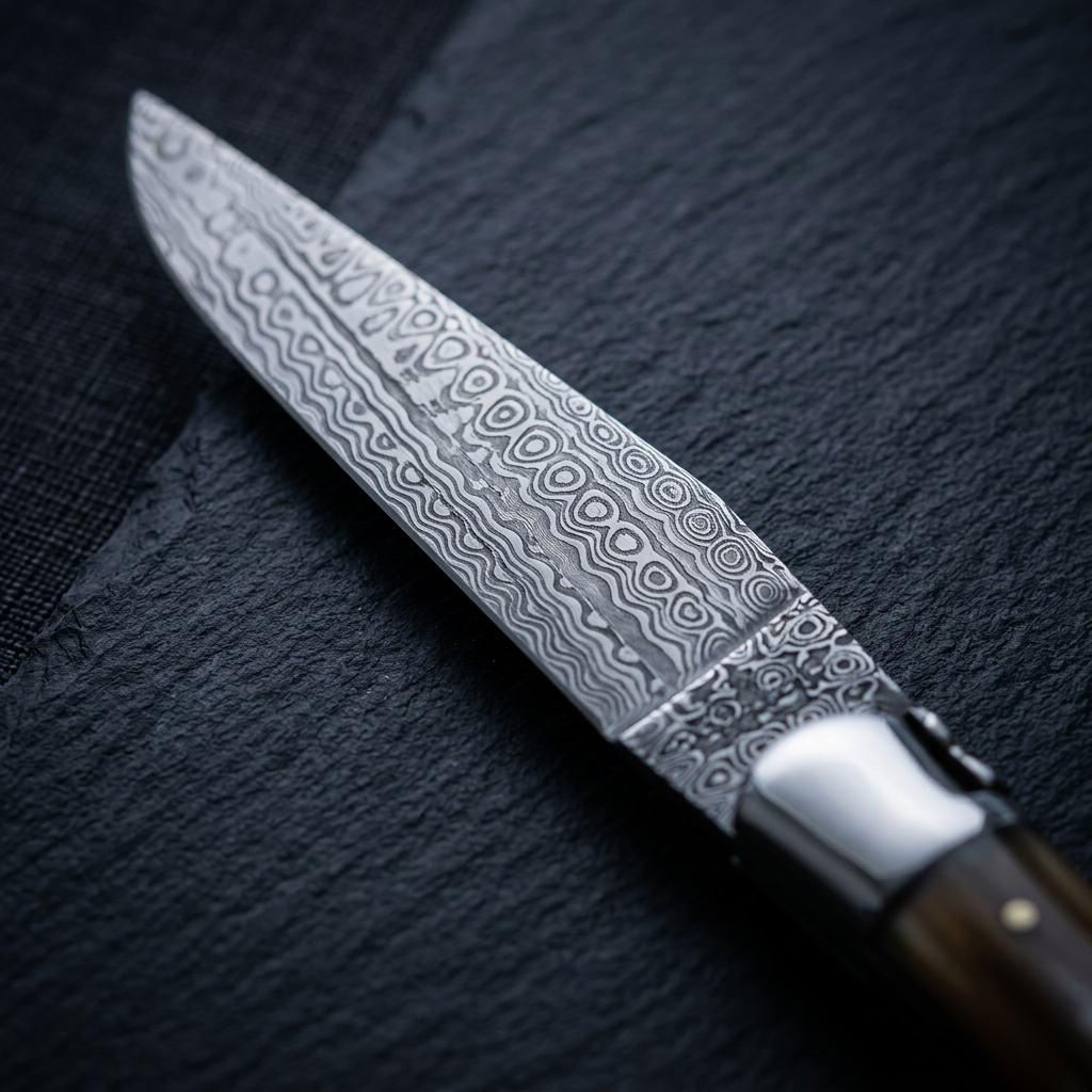 Close-up of the Damascus steel blade on a Collection Range dark horn Laguiole table knife