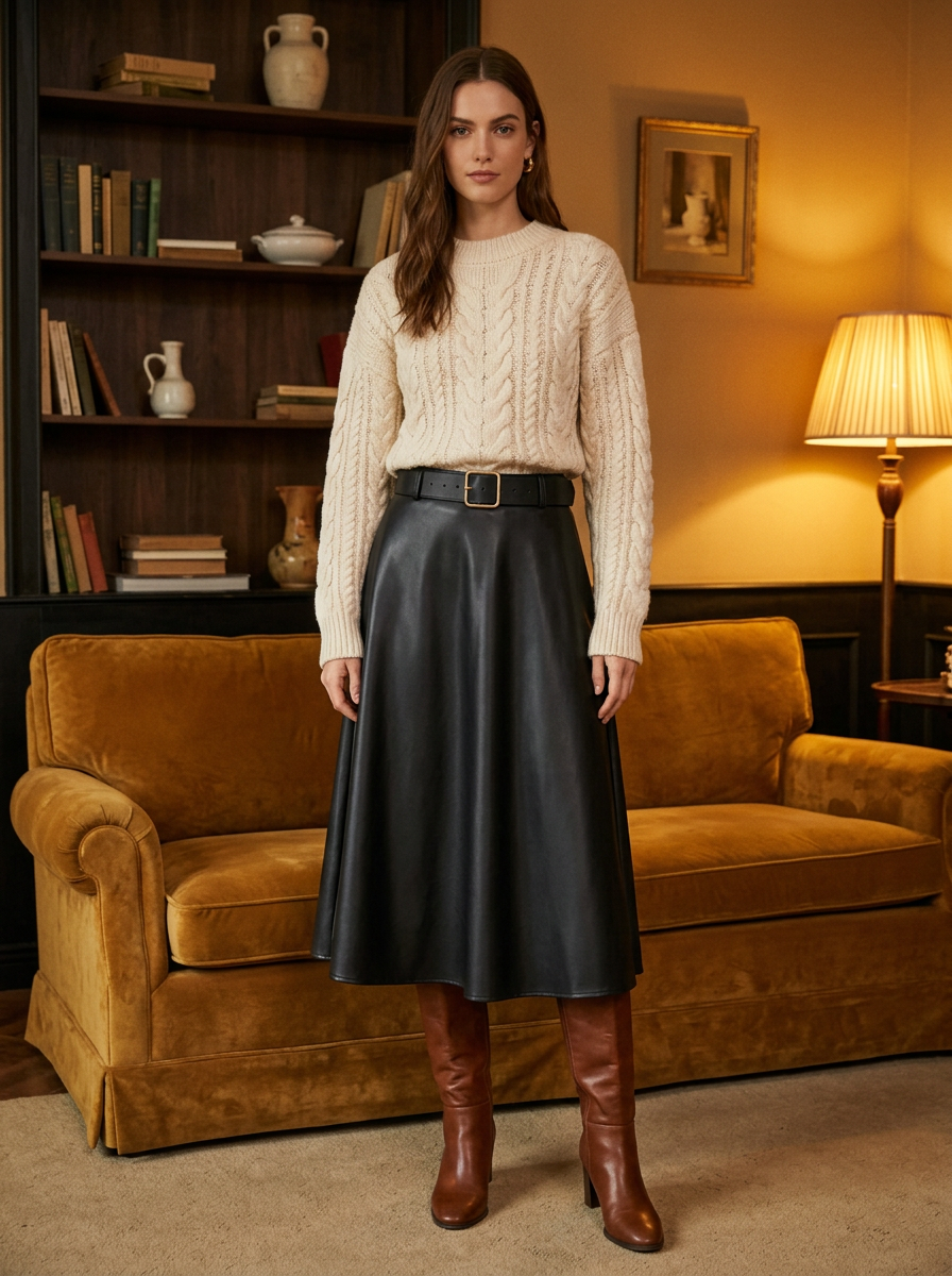 Model in a black leather-look midi skirt and cream jumper in a vintage living room