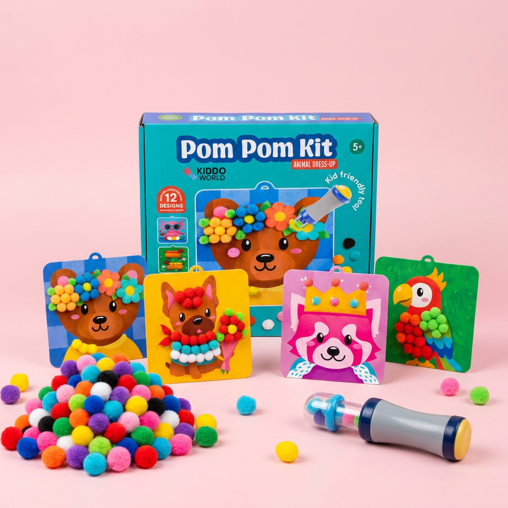 Pom Pom Kit: darčeková krabička, karty so zvieratkami ozdobené 3D bambuľkami, kôpka farebných bambuliek a nástroj Pom Pom Master