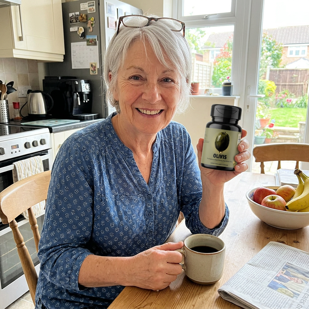 Maria, 66, at her breakfast table holding a bottle of Olivis