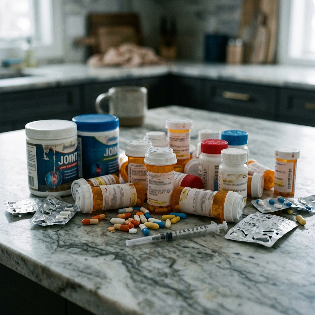 Pile of pill bottles, capsules and a syringe