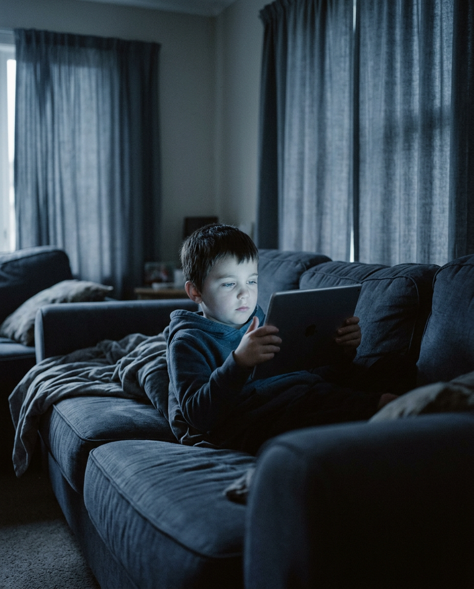 Dieťa s prázdnym pohľadom hľadí do tabletu v tmavej obývačke