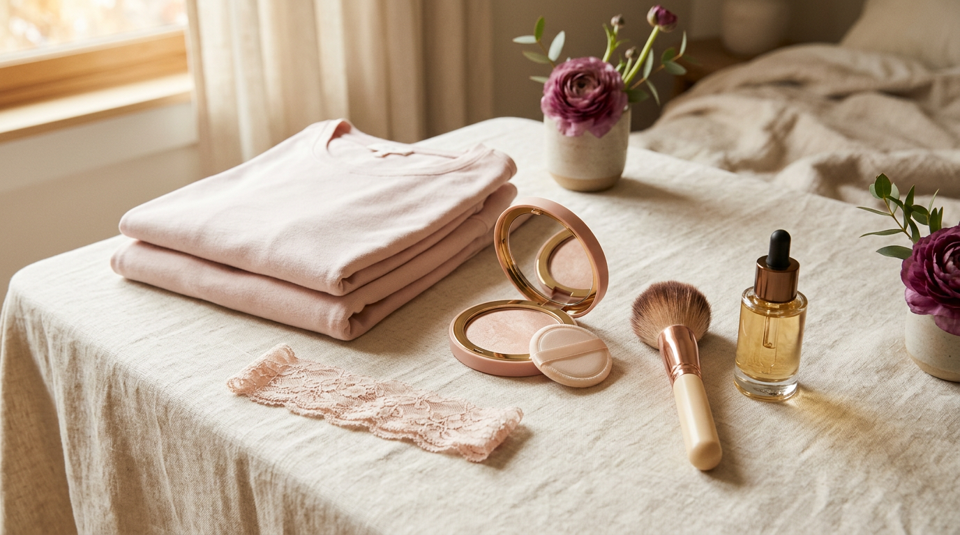 Folded pink loungewear, lace, a powder compact and a serum bottle on cream linen