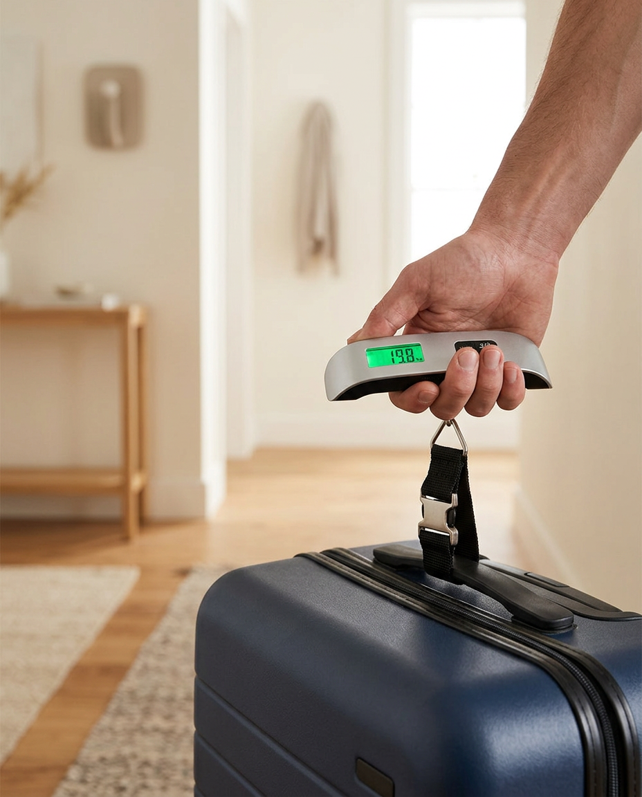 Hand lifting a carry-on suitcase with the digital luggage scale in a bright hallway